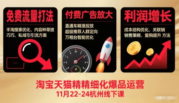 淘宝天猫精细化爆品运营11月22-24杭州线下课，免费流量打法+付费广告放大+利润增长(音频+文档) - 项目资源网