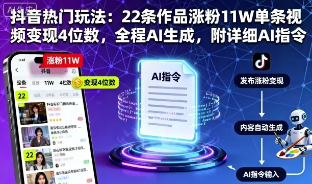 抖音热门玩法：22条作品涨粉11W单条视频变现4位数，全程AI生成，附详细AI指令 - 项目资源网
