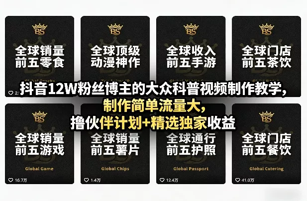 抖音12W粉丝博主的大众科普视频制作教学，制作简单流量大，撸伙伴计划+精选独家收益 - 项目资源网