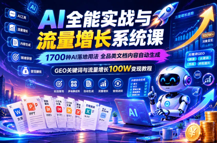 AI全能实战与流量增长系统课，1700种AI落地用法，全品类文档内容自动生成，GEO关键词与流量增长100W变现教程 - 项目资源网