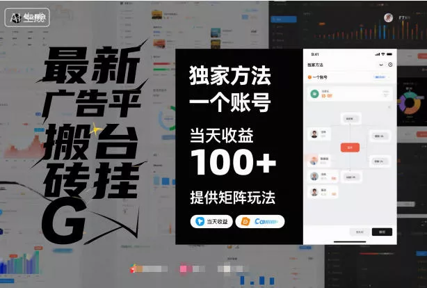 最新广告平台搬砖挂G，独家方法，一个账号，当天收益100+，提供矩阵玩法【揭秘】 - 项目资源网