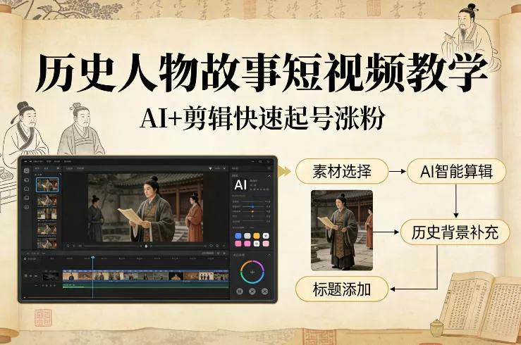 历史人物故事短视频教学，AI+剪辑制作历史人物题材短视频，快速起号涨粉 - 项目资源网