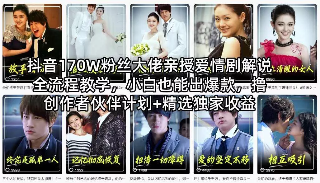 抖音170W粉丝大佬亲授爱情剧解说全流程教学，小白也能出爆款，撸创作者伙伴计划+精选独家收益 - 项目资源网