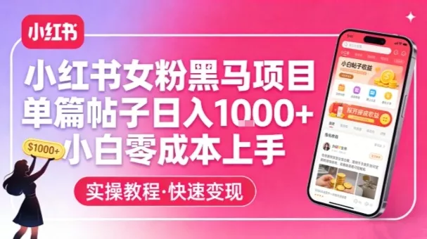 小红书女粉黑马项目，单篇帖子日入1k+，小白零成本上手 - 项目资源网