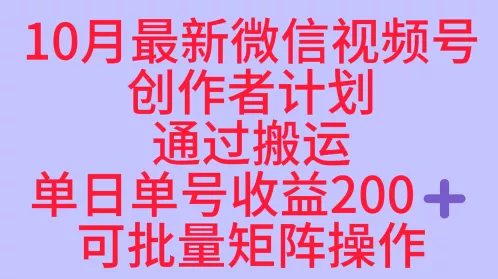 10月最新视频号收益最大化赛道长久稳定红利项目，单日单号收益2张+可批量矩阵操作 - 项目资源网