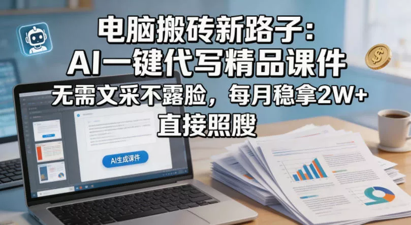 电脑搬砖新路子：AI一键代写精品课件，无需文采不露脸，每月稳拿2W+，直接照搬 - 项目资源网