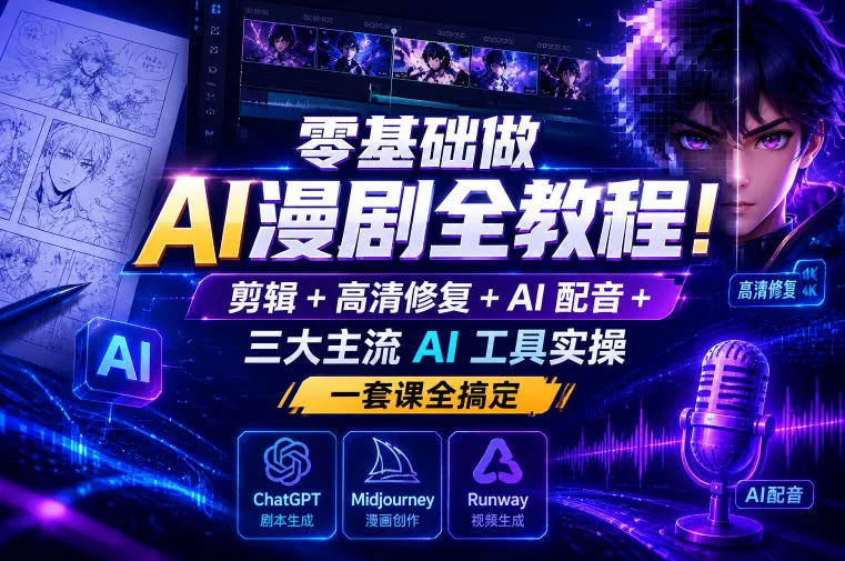 零基础做AI漫剧全教程！剪辑+高清修复+AI配音+三大主流AI工具实操，一套课全搞定 - 项目资源网