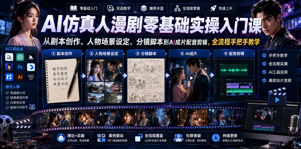 AI仿真人漫剧零基础实操入门课，从剧本创作、人物场景设定、分镜脚本到AI成片配音剪辑，全流程手把手教学 - 项目资源网