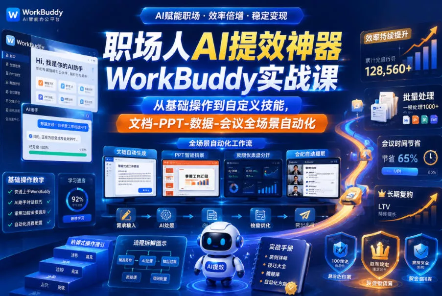 职场人AI提效神器WorkBuddy实战课，从基础操作到自定义技能，文档-PPT-数据-会议全场景自动化 - 项目资源网