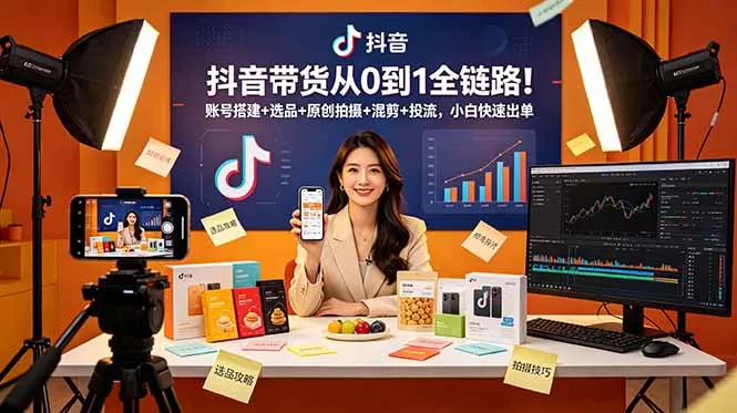 抖音带货从0到1全链路！账号搭建+选品+原创拍摄+混剪+投流，小白快速出单 - 项目资源网